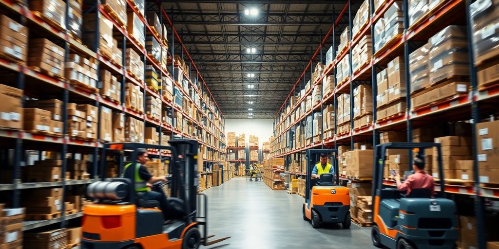 Warehouse logistics with workers and forklifts in action.